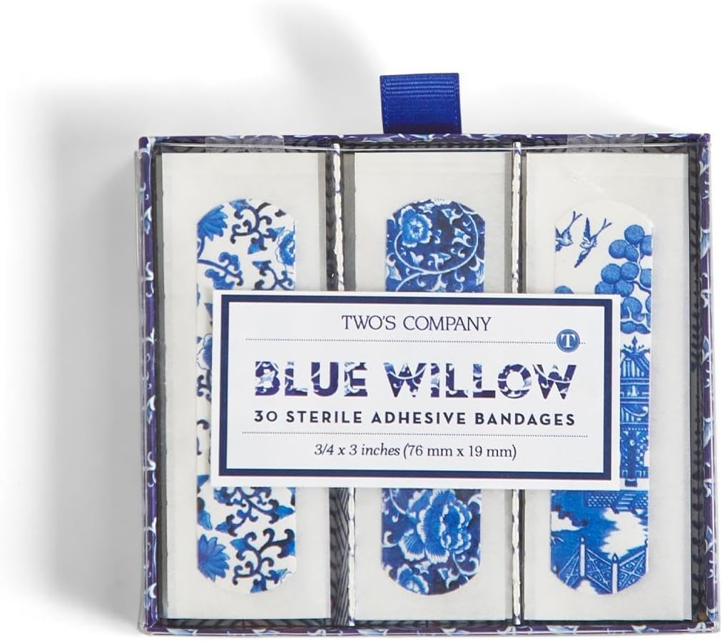 Two 's Company 53560 Blue Willow Bandages in Gift Box, 30 Pieces, 3- inch Longs, Plastic, White