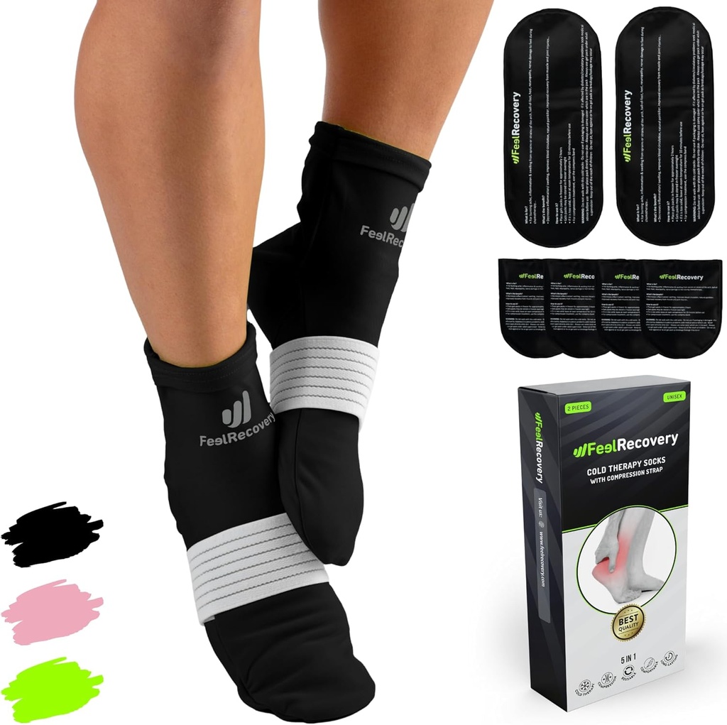 Socks Ice Pack for Feet Coolers - Reconcessible Hot & Cold Therapy Socks w / Compression Straps - Cold Gel Pack for Neuropathy, Foot Pain, Plantar Fasciitis & Spouins (Black, L / XL)