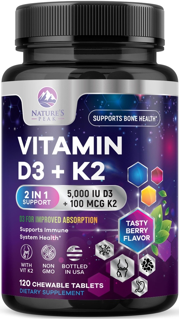 Vitamin D3 K2 - 5000 iu Vitamin D3 & 100 mcg Vitamin K2 (MK-7) Kompleks untuk Dukungan Imune - Bone, Teeth & Muscle Health Support - Berry Chewable, Gluten Free, Nun-GMO, Botol di AS - 120 Tablet