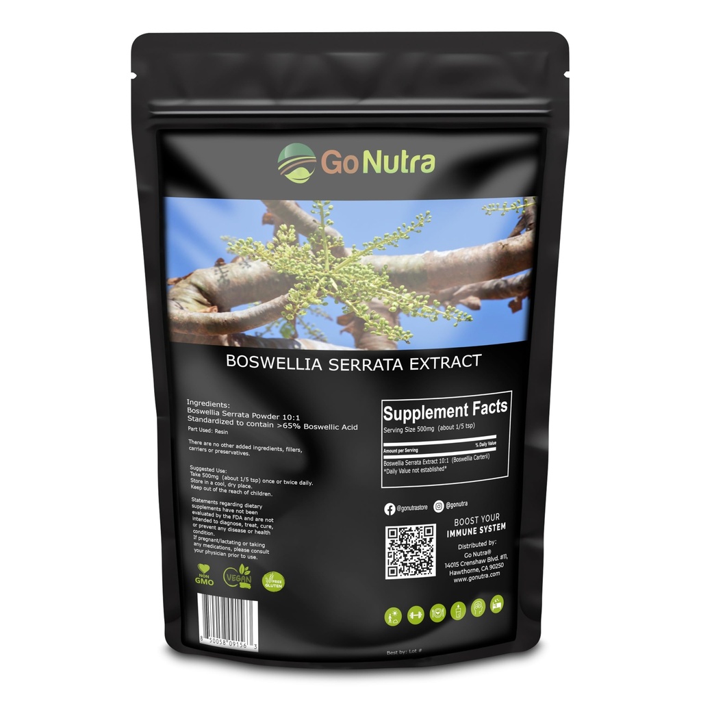 Go Nutra Boswellia Serrata Extract Powder 10: 1 Kekuatan 65% Boswellic Accid Frankinpurple Dukungan Bersama - 8 oz.