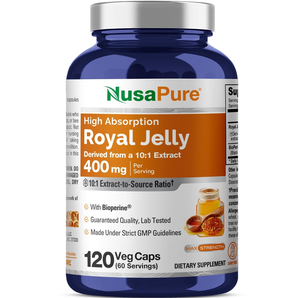 NusaPure Royal Jelly 10: 1 Ekstraksi, 400 mg Equiliate to 4000mg - 120 Veggie Capsules (Non-GMO, Gluten Free, Bioperine)