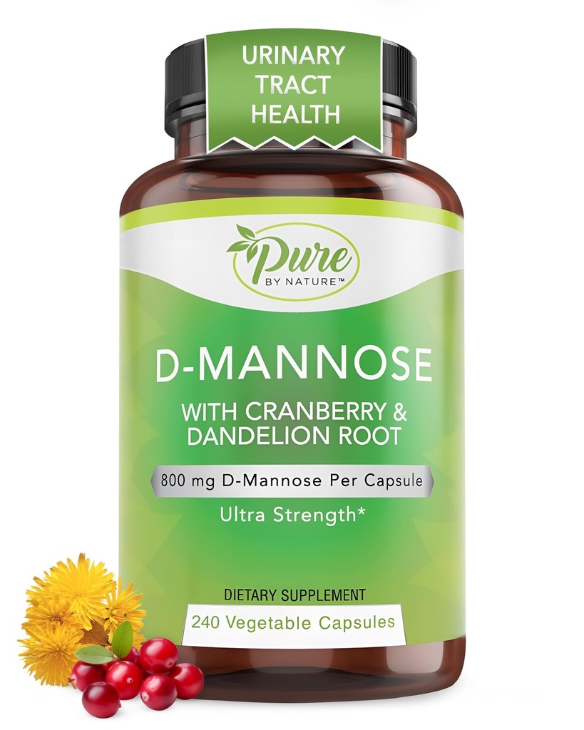 Pure By Nature 600mg D-Mannose Vegan Capsules with Cranberry & Dandelion Extract, Urinary Trakt Health Support, Flush Impuny, Detox Body, 240 Count