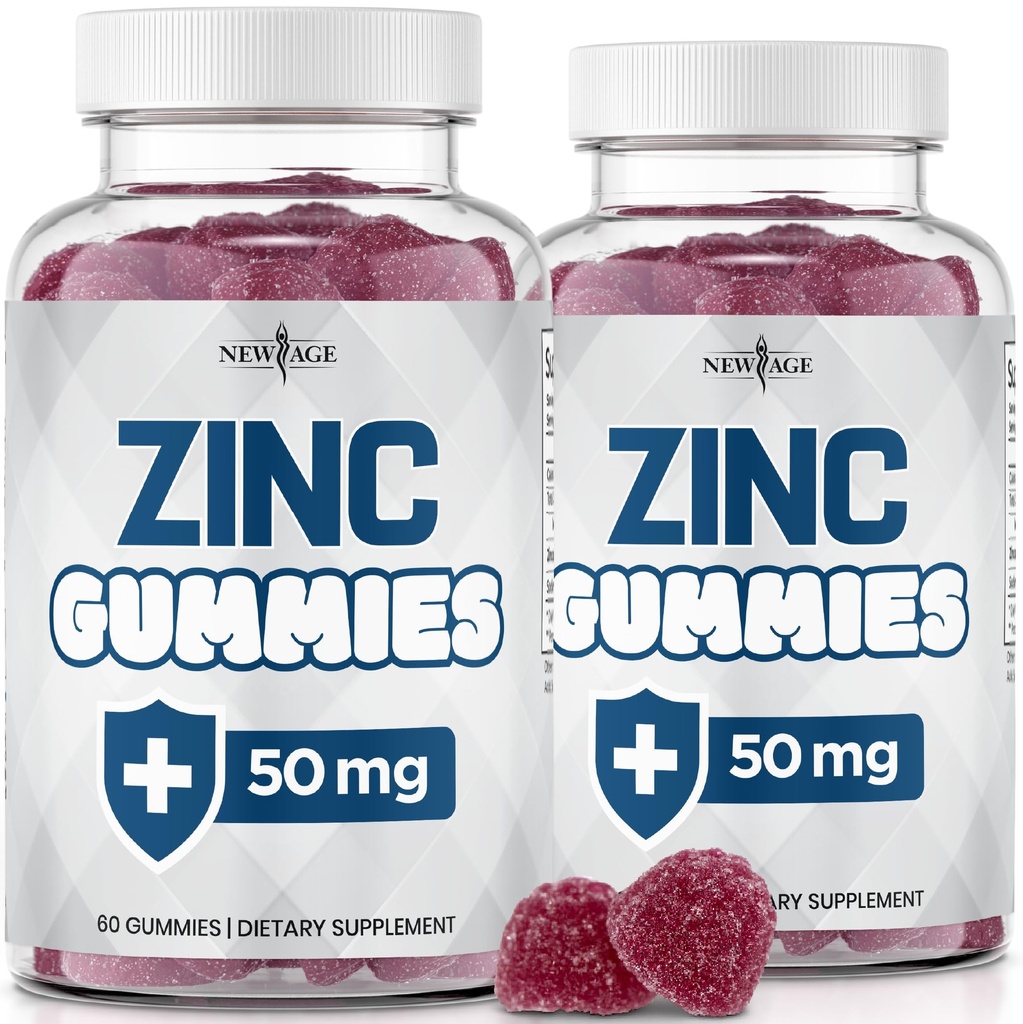 Zinc Gummies - 2 Pack - 50mg High Ammune Booster Suplemen, Ammune Pertahanan, Antioksidan Alam Kuat, Non- GMO - oleh New Age, 120 Count