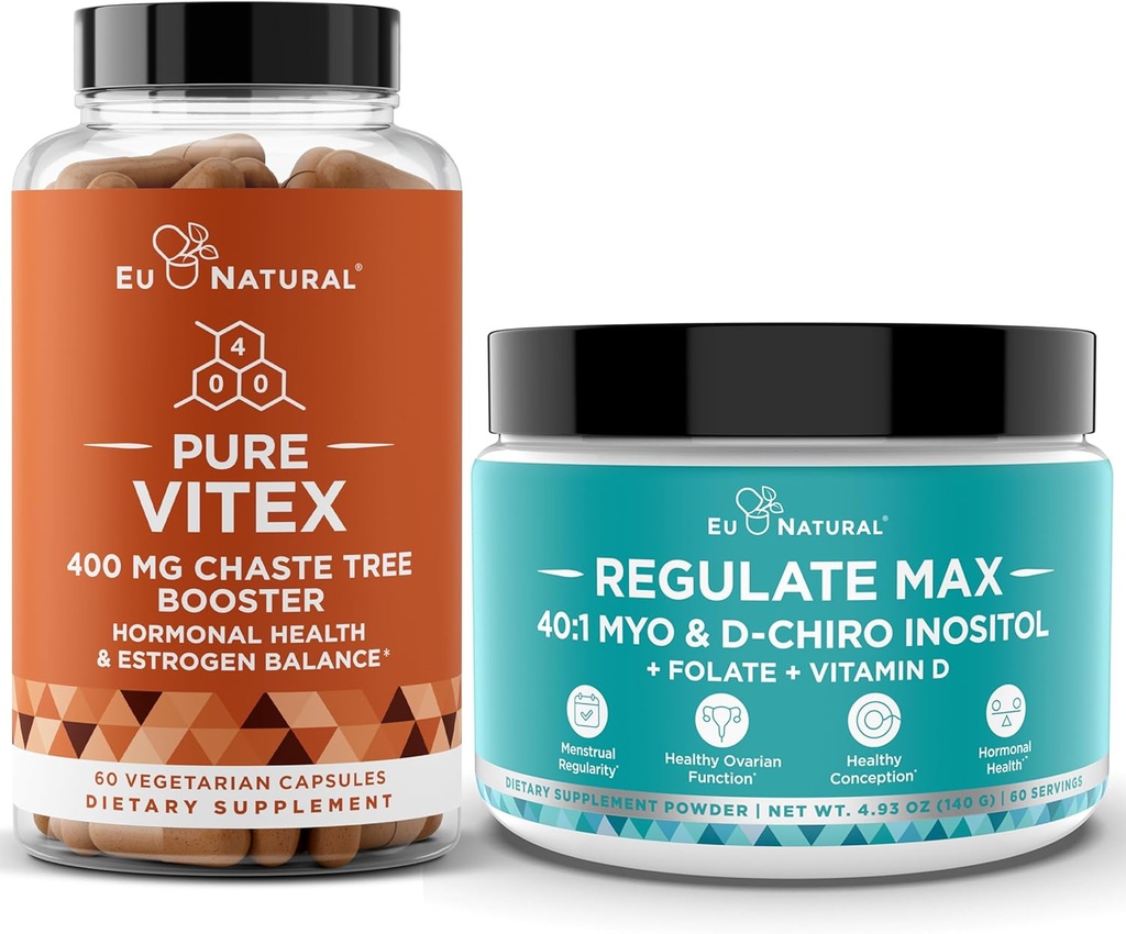 Vitex Chasteberry Capsules & Regulate Max Myo- Inositol D-Chiro Inositol Powder - Natural PMS & Fertilitas Dukungan, Hormones Keseimbangan, Siklus Regulate - 60 Vegan Soft Capules + 60 Servings Inositol Powder