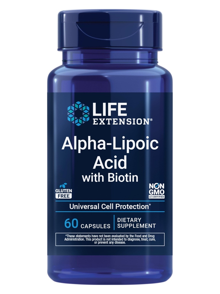 Ekstensi Hidup Alfabet-Lipoic Acid dengan Biotin, untuk Perlindungan Sel, antioksidan Universal untuk Kesehatan Liver & Nerve, Gluten- Bebas, Non- GMO, 60 Capsules