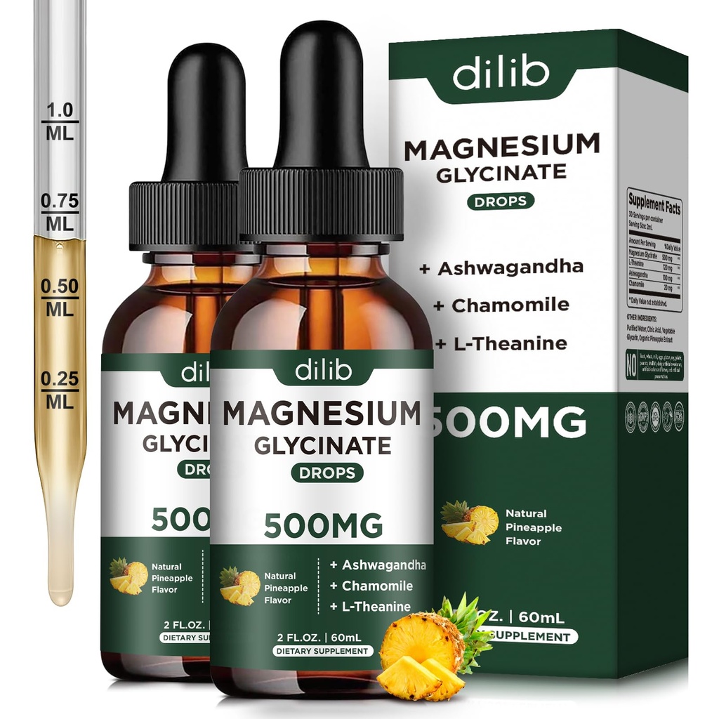 (2 Paket) Magnesium Glycinate Suplemen, Magnesium Liquid Drops dengan Magnesium Glycinate 500mg Ashwagandha, L - Theanine, Chamomile-Support Optimal Sleep Vegan