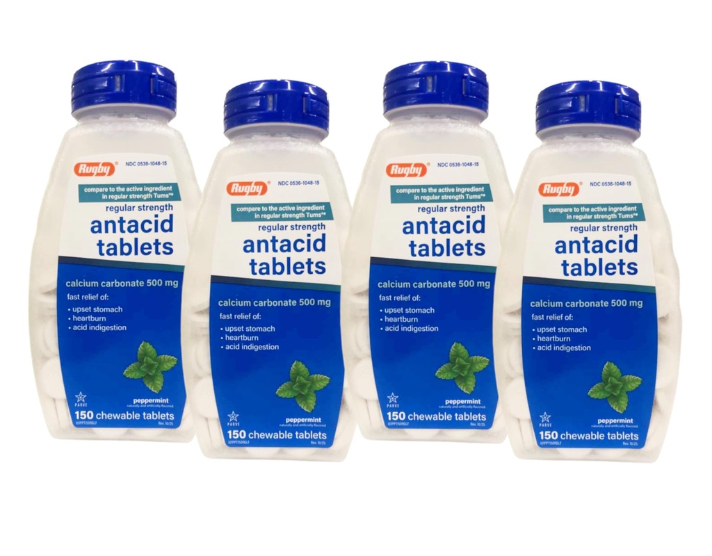 Rugby Calcium Carbonate 500mg Antax Tablet Peppermint, Regular Strengh, 150 Chewable Tablets - 4 Pack