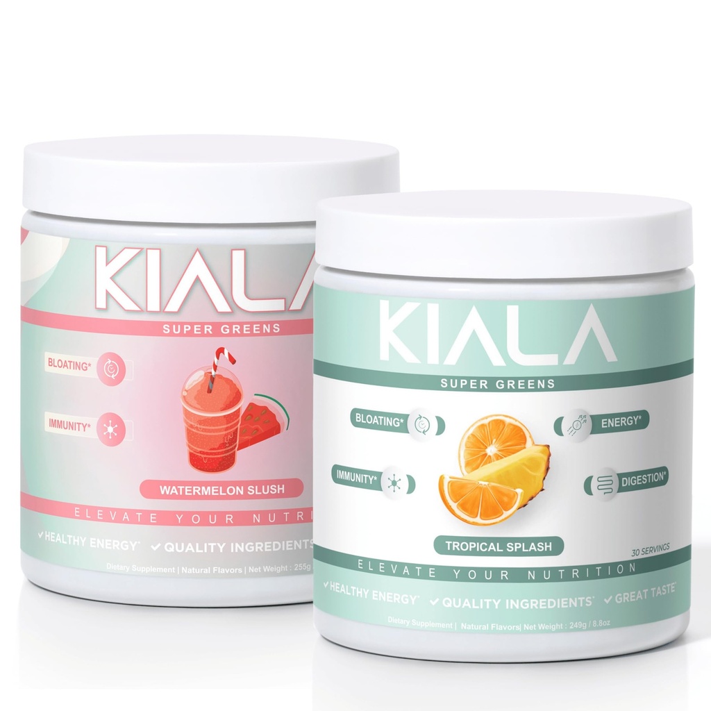 Nutrition Super Greens Kiala, Powder organik, Spirulina & Chlorella Superfood Pounder, Sugar & Gluten Free Vegan, Spectra Blend, Watermelon & Tropical Slush 2 Pack
