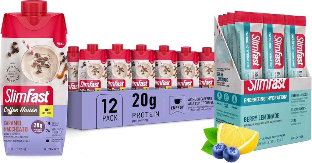 SlimFast Bundle: Pergantian Bahan Peledak Terpisah, Getah Energi Minum Mix, Caffeine dari Sumber Alam - Berry Lemonade (12 Count) + Tinggi Protein Meal Shake, Caramel Macchiato, 12 Pack