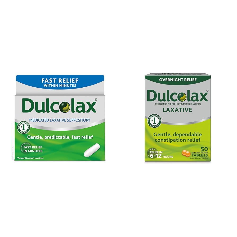 Dulcolax Fast Relief Mediasi Laxative Relief Fast Relief, Rectal Use Only, Bimacodell, 10 mg & Overnight Relief Laxative for Gentle Constipation Relief, Biscaodyl 5 mg Tablet, 50 Count