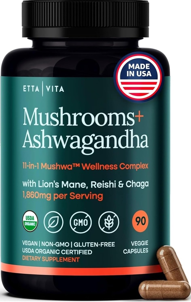 USDA Organic Lions Mane Supplemen Kapsul dengan Ashwagandha, Chaga, Reishi, Cordyceps, Turkey Tail (18,600mg / serv) Adaptogenic Mushroom Complex - Energi, kekebalan tubuh & Nootropic
