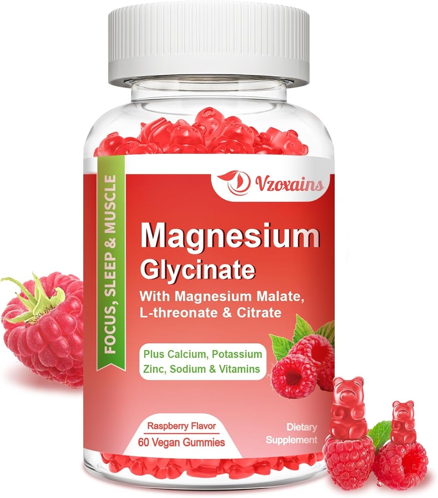 Magnesium Glycinate Gummies 600 mg, Magnesium Gummies untuk Dewasa dan Anak-anak, Dukungan untuk Relaxtion dan Muscle, 60 Raspberry Flavored Gummies