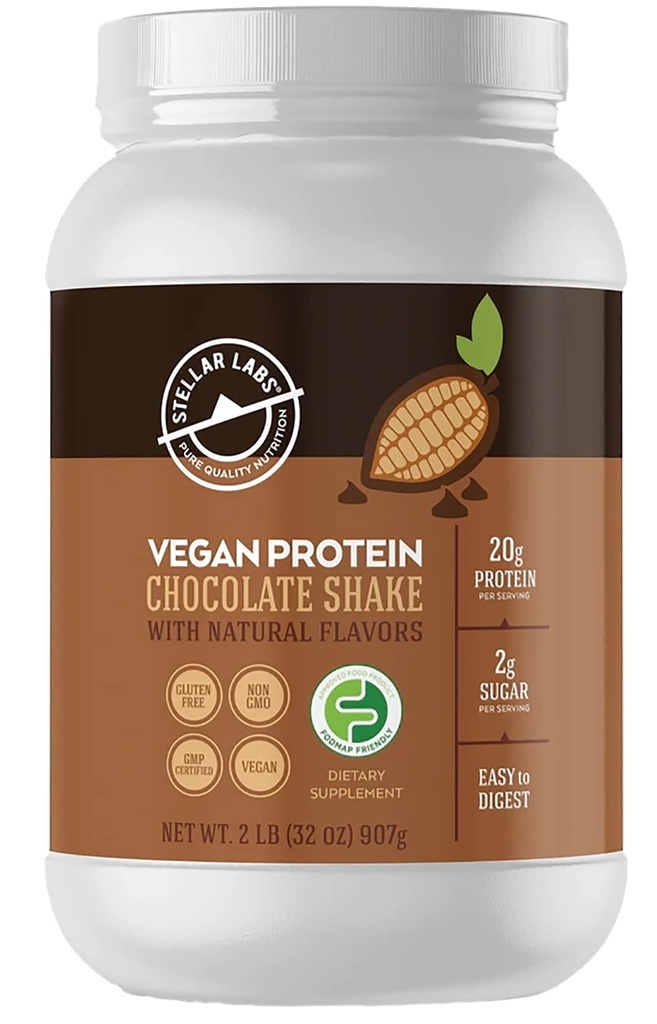 Lab Stellar Vegan Powder dengan BCAA 's & Antioksidants 124; yang bersertifikat Low FODMAP, Non GMO, Gluten Free, Soy Free, Low Carb, dengan Stepia 124; Lean Plant Based Protein Powder Shakes 126; Chocolate