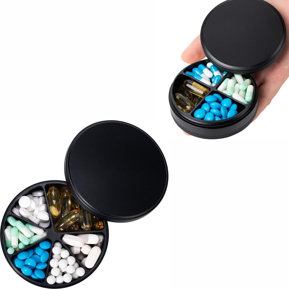 6 Kompartemen Pill Organizer & 4 Kompartemen Pill Box - Penyelenggara Pil Metal tahan air, Aluminium Alloy Round Daily Medicine Container for Vitamin, Medicine, Supplemen, Fish Oil