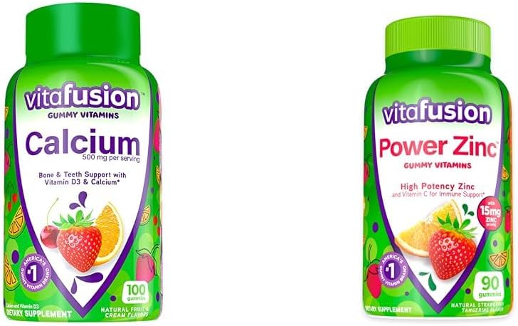 Vitamin Kalsium Gummy Vitamin untuk Dukungan Tulang, 100 Count & Power Zinc Gummy Vitamin untuk Dukungan Imune, 90 Count