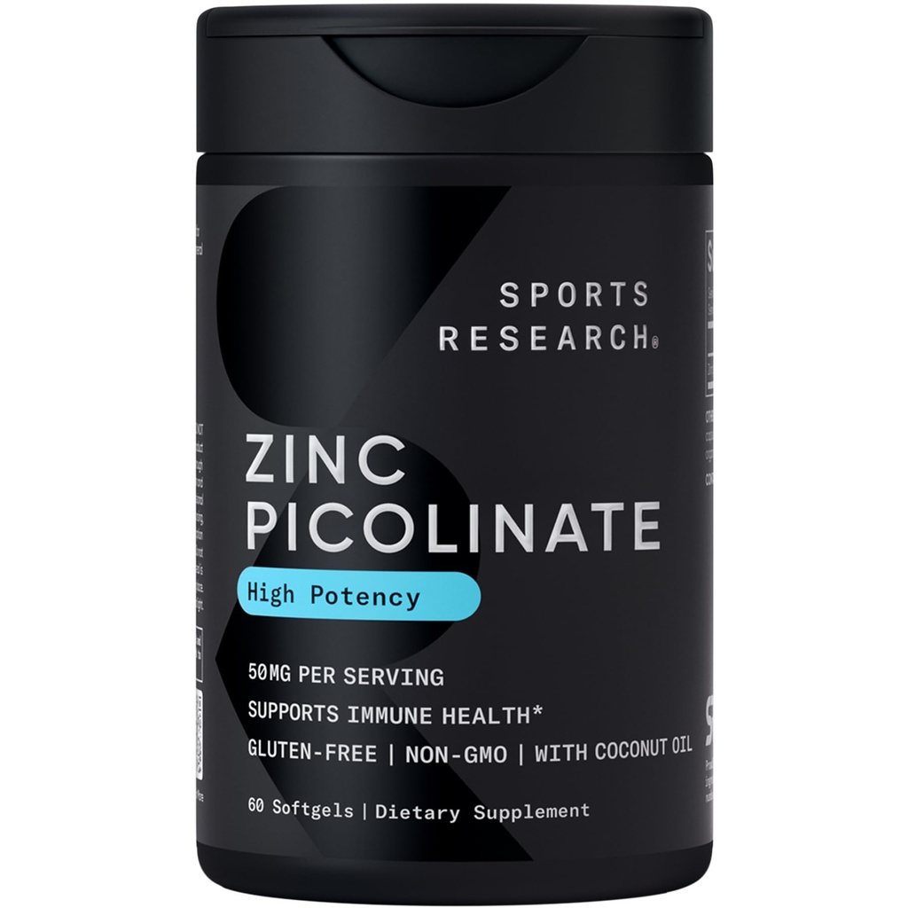Sports Research Zinc Picolinate 50mg with Organic Coconut Oil 124; Aly Absorbable Zinc Suplement for Healthy Immune Mansion - Non-GMO Verified, Gluten & Soy Free (60 Liquid Softgels)