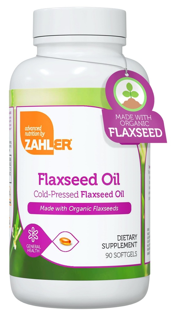Zahler Organic Flaxseed Oil - 1000mg Softgels - Organik Omega 3 Tambahan - Kosher Non-GMO Gluganian- Friendly Flaxseed (90 Count)
