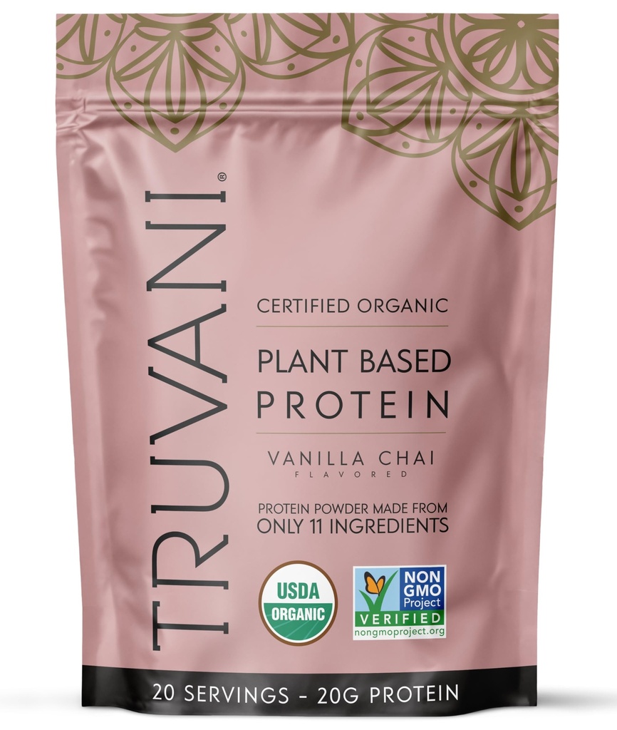 Truvani Vegan Pea Protein Powder 124; Vanilla Chai 124; 20g Organic Plant Based Protein 124; 20 Servings