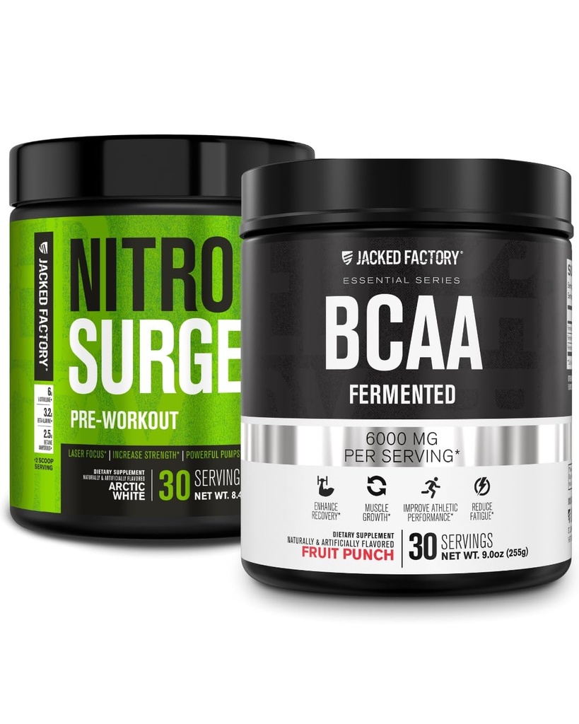 Jacked Factory Nitrospush Pre- Workout di Arktik Putih & BCAA dalam Fruit Punch for Muscle Building and Recovery