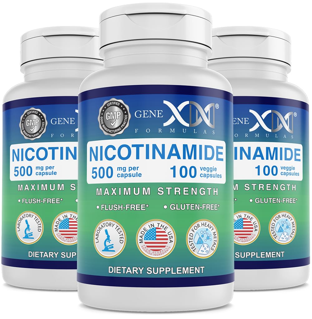 Genex Formulas Nicotinamide 500mg (3- Pack) Vitamin B3 Flush Free Niacin Capsules for Heally Skin - Niacinamide Supplemen membantu Produce Keratin & Duit Cell Health & Energy (300 Capsules)