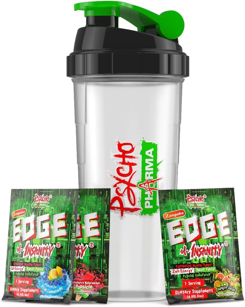 Psycho Pharma Edge of Insanity Pre Workout - Powder Stem Terkuat untuk Pumps Intense, Energy & Focus - 3 Sample Flavors + Free Shaker Cup (Jungle Juice, Blue Lemonade, Strawberry)