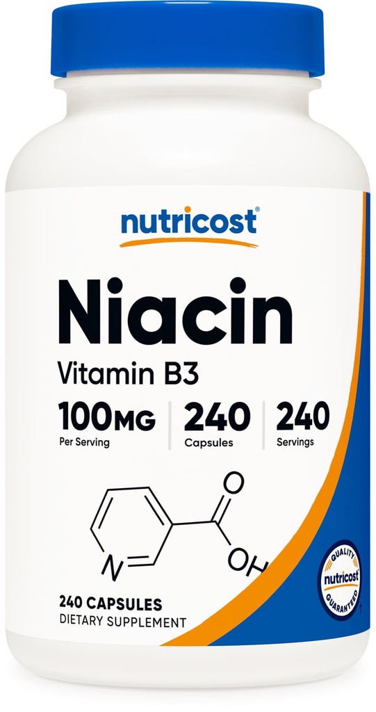 Niasin (Vitamin B3) 100mg, 240 Kapsul - dengan Flushing, Non- GMO, Gluten Bebas