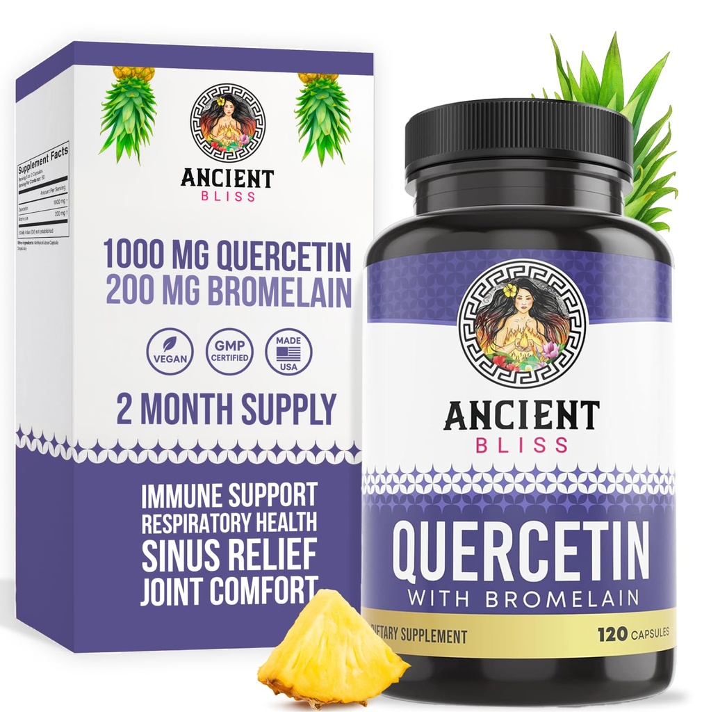 Kebahagiaan kuno Quercetin dengan Bromelain 124; Quercetin 10000mg Bromelain 200 mg per Serving 124; Pasokan Sistem Imune, Kesehatan Gabungan, Kesehatan Repirall & Overall Wells - 120 Capsules