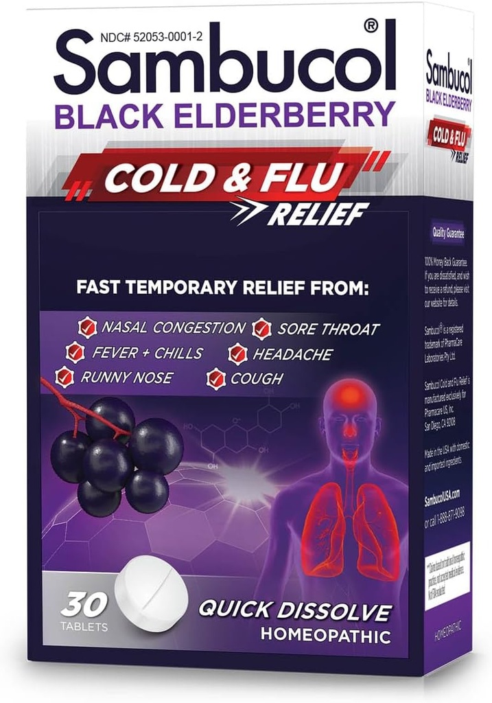 Sambucol Cold and Flu Relief Tablet - Homeopathic Cold Medicine, Cold Remedy for Adults, Black Elderberry for Colds, Zinc Cold Remedy - 30 Count