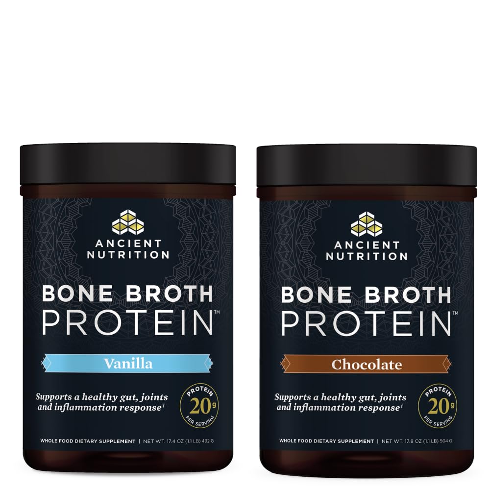 Bubuk Protein Bone Broth Kuno, Vanilla, 20 Pelayan + Bone Broth Protein Powder, Coklat, 20 Hamba