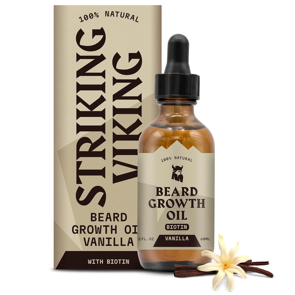 Menyerang Viking Beard Growth Oil dengan Biotin - 2 Fl Oz, Vanilla - Thictining, Conditioning Biotin Beard Serum Minyak Pria dengan Argan & Jojoba - Facal Growth Serum untuk Pria