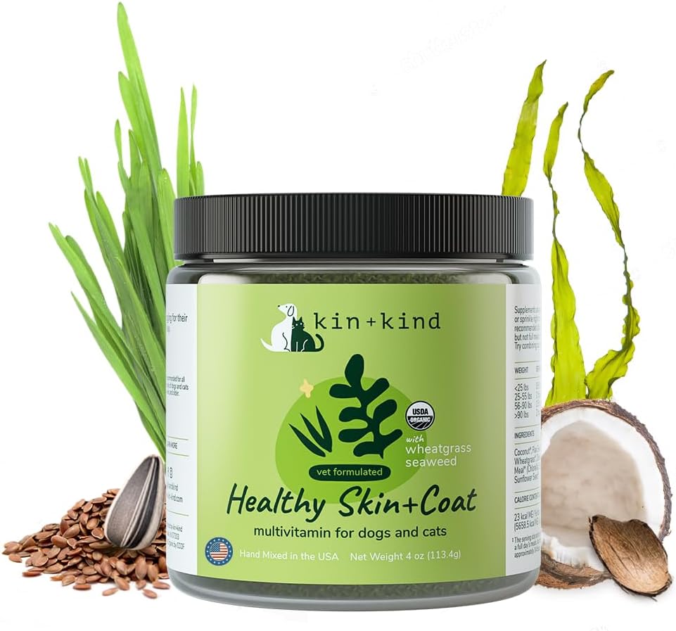 kin + kind Organic Multivitamin for Dogs & Cats - Pet Suplement for Healthy Skin and Coat - Safe, Natural Formula with Wheatgrass, Kelp, Seaweed and Coconut - Made in USA - 4 oz (Medium)