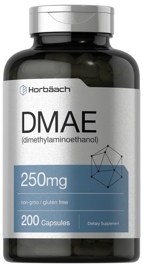 Tambahan DMAE Horbaach adalah 124; 250mg 124; 200 Capsules 12.4; Non- GMO, Gluten Free 124; DMAE Bitartson