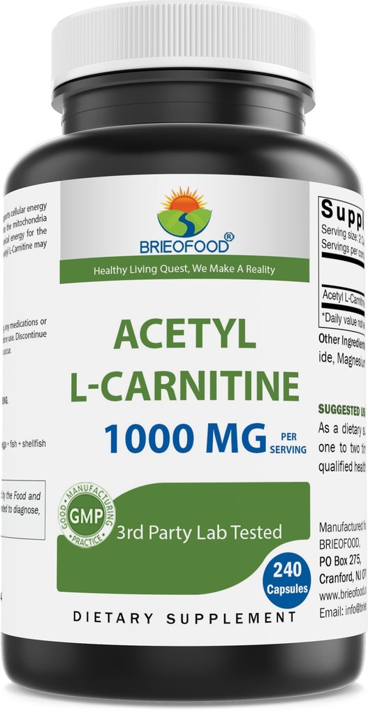 Brieofood Acetyl L- Carnitine 1000 mg Per Service - 240 Kapsul. Bebas Gluten-, Non- GMO.
