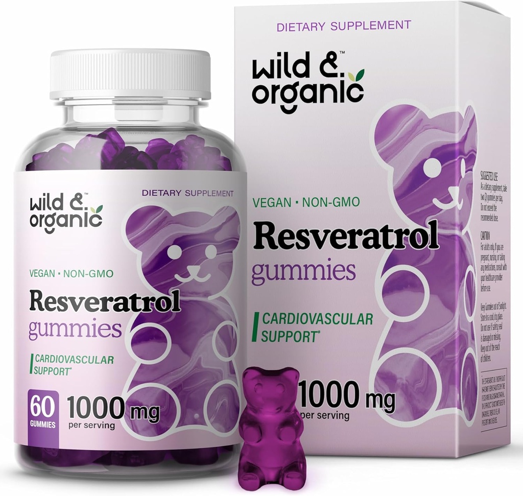 Wild & Organic Resveratrol Gummies 1000mg - Trans Resveratrol Tambahan Antioksidant, Brain, Dukungan Imune - 60 Vegan, Gummi Antioksidan Non- GMO