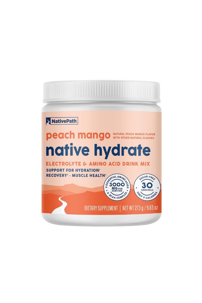 NativePath asli Hydrate, Zero Sugar, Electrolytes Powder dengan BCAAs, Hidration Mango Peach, Keto & Paleo Friendly, 30 Servis
