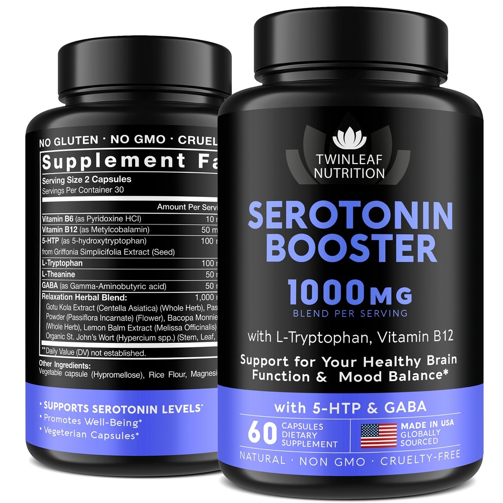 Suplemen Serotonin Natural - Dibuat di AS 5HTP Serotonin & Cortisol Manajer - Serotonin Booster Vitamin Tambahan Perempuan dengan 5- HTP, Vitamin B6, B12, GABA, L Theanine, L Tryptophan - 60 kapsul
