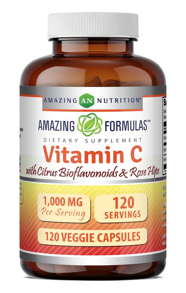 Amazing Formulas Vitamin C (Acid Ascorbic) 1000 Mg dengan Rose HIPS & Citrus Bioflavonoid 124; Veggie Capsules Suplement None-GMO 124; Gluten Free Alavonoid Made in USA (120 Count)
