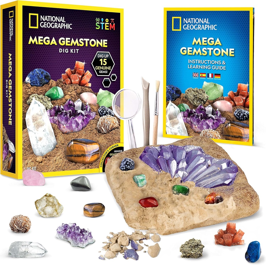 NAIONAL GEOGRAPHIC Mega Gemstone Dig Kit - Dig Up 15 Real Gemstones and Crystals, Science Kit for Kids, Gem Digging Kit, Gift for Girls and Boys, Mining Kit, Rock Collection