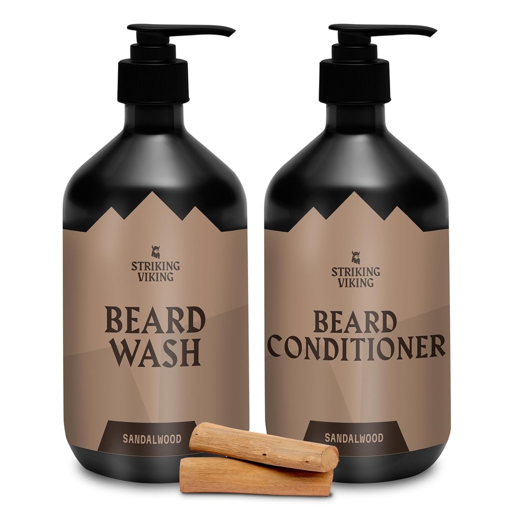 Menyerang Viking Beard Care Set (Sandalwood) - Paraben & Sulfate Free Shampo dengan Jojoba Oil - Bersih Untuk Semua Jenis Jenggot (10oz Per Botol)
