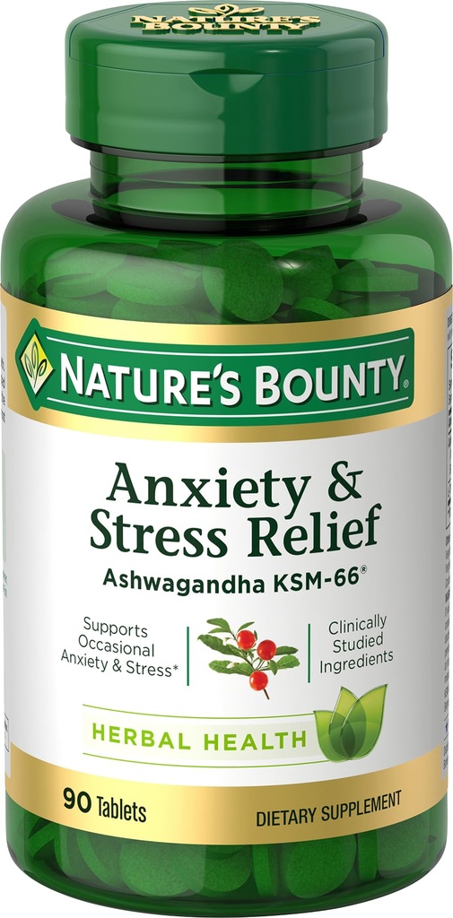 Nature 's Bounty Stress Relief, Ashwagandha KSM-66, Support Occational Stress Relief, Dietary Suplemen, 2 Tablet per Hari, Tablet Vegetarian, Gluten Bebas, 90 Ct