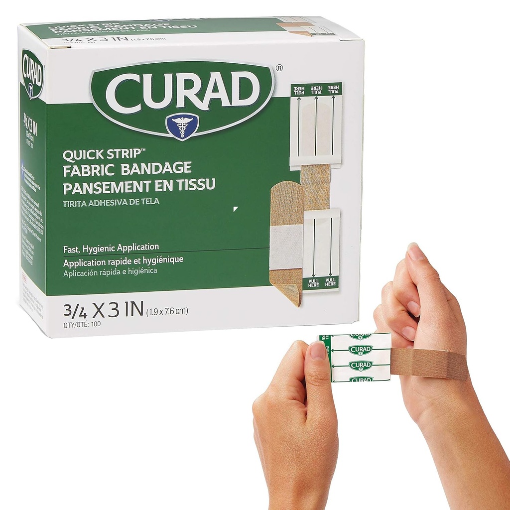 CURAD Quick Strip Fabric Adhesive Sterile Bandages dengan Fast Application, 3 / 4 "x 3", Kotak 100