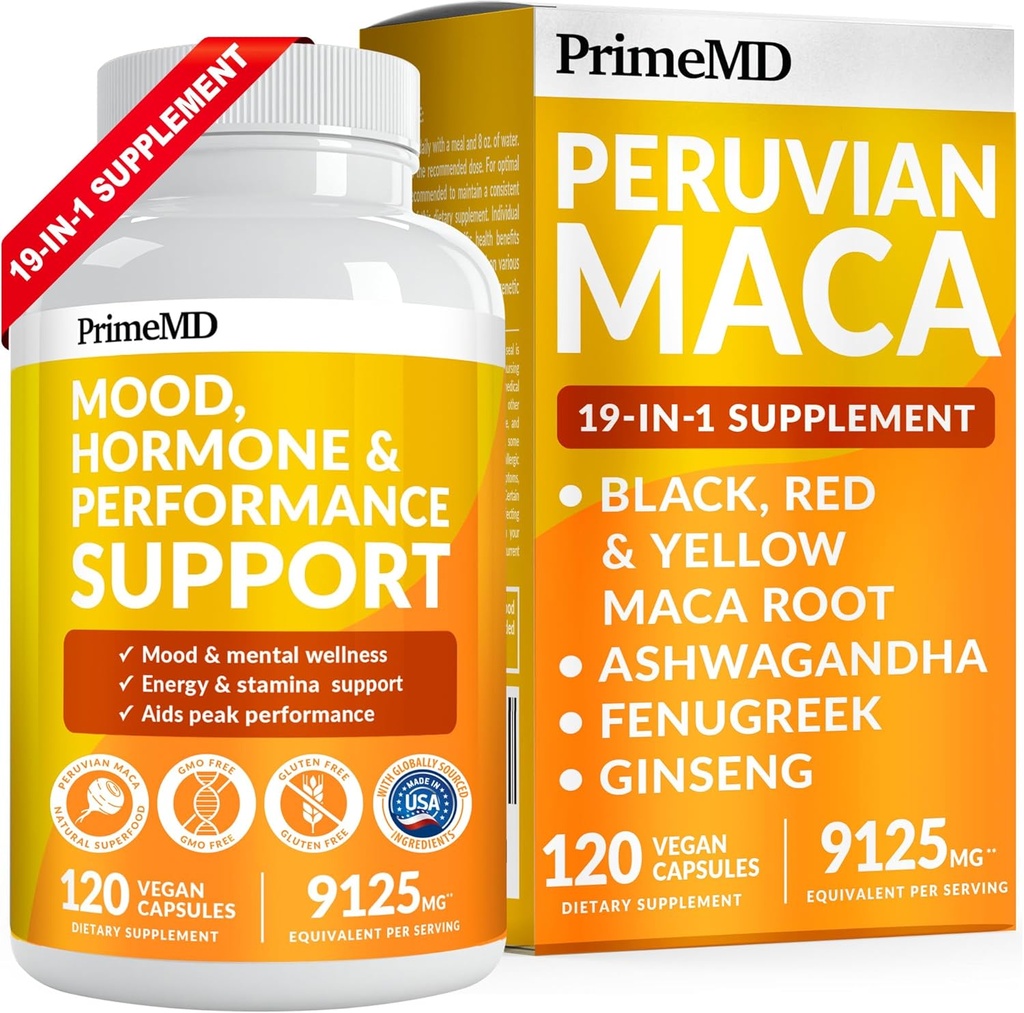 PrimeMD 19- -1 Peru Maca Root Capsules - 9125 mg Ashwagandha Suplemen dengan Maca Fenugreek dan Ginseng untuk Mood, Hormone & Performance Dukungan (120 Capsules)