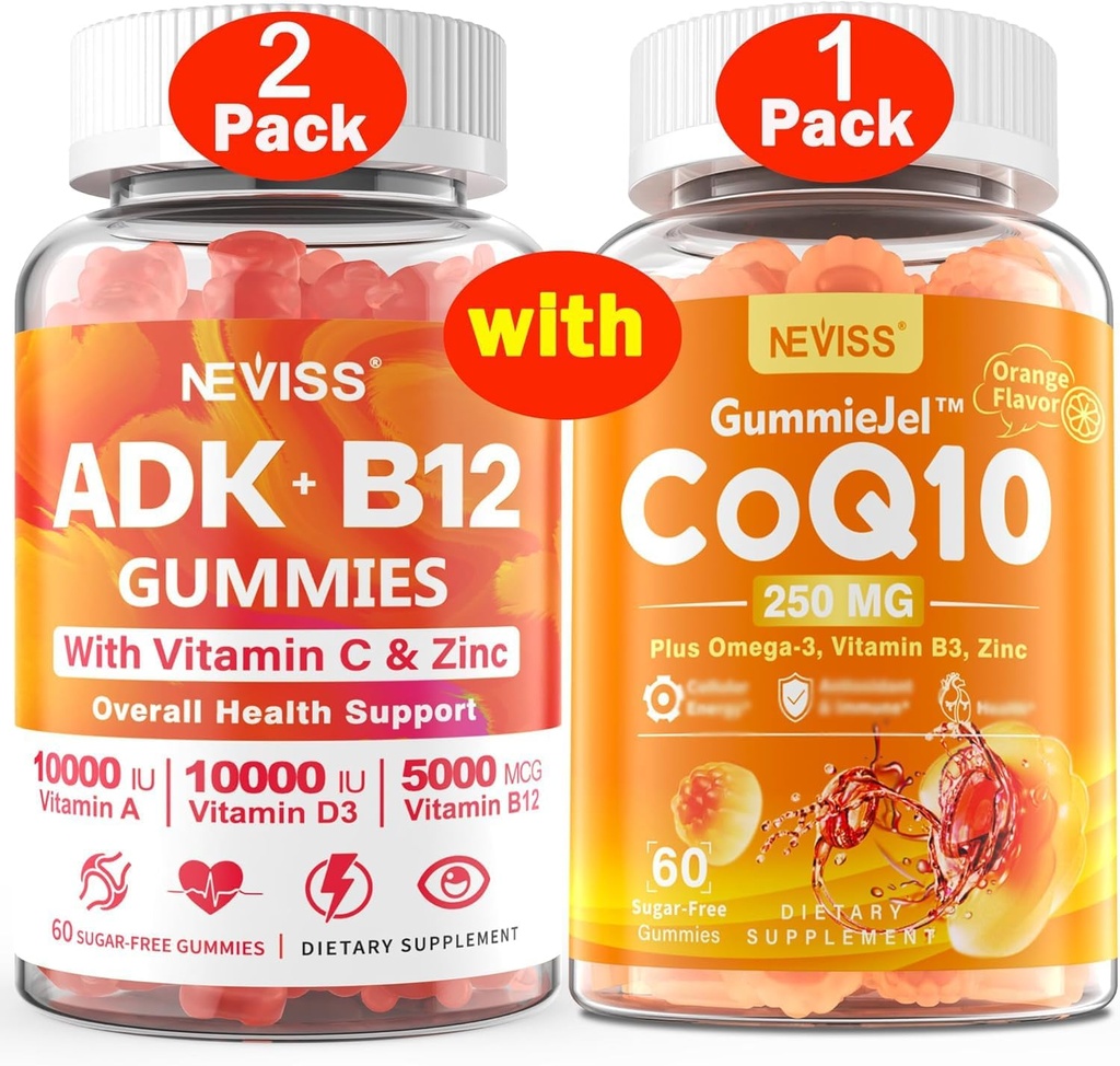 NEVISS 2Pack Vitamin ADK dengan B12 Gummies + 1 Pack CoQ10- 250mg Filled Gummies