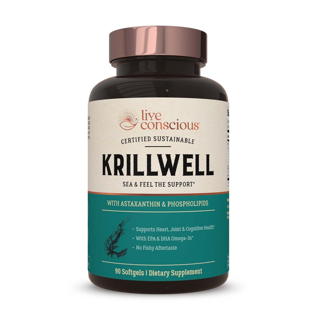 Live Conscious Krillwell, Joint, and Cognitive Support 126; Certified Sustainable Krill Oil 2X More Effective than Fish Oil - 30 Day Supply