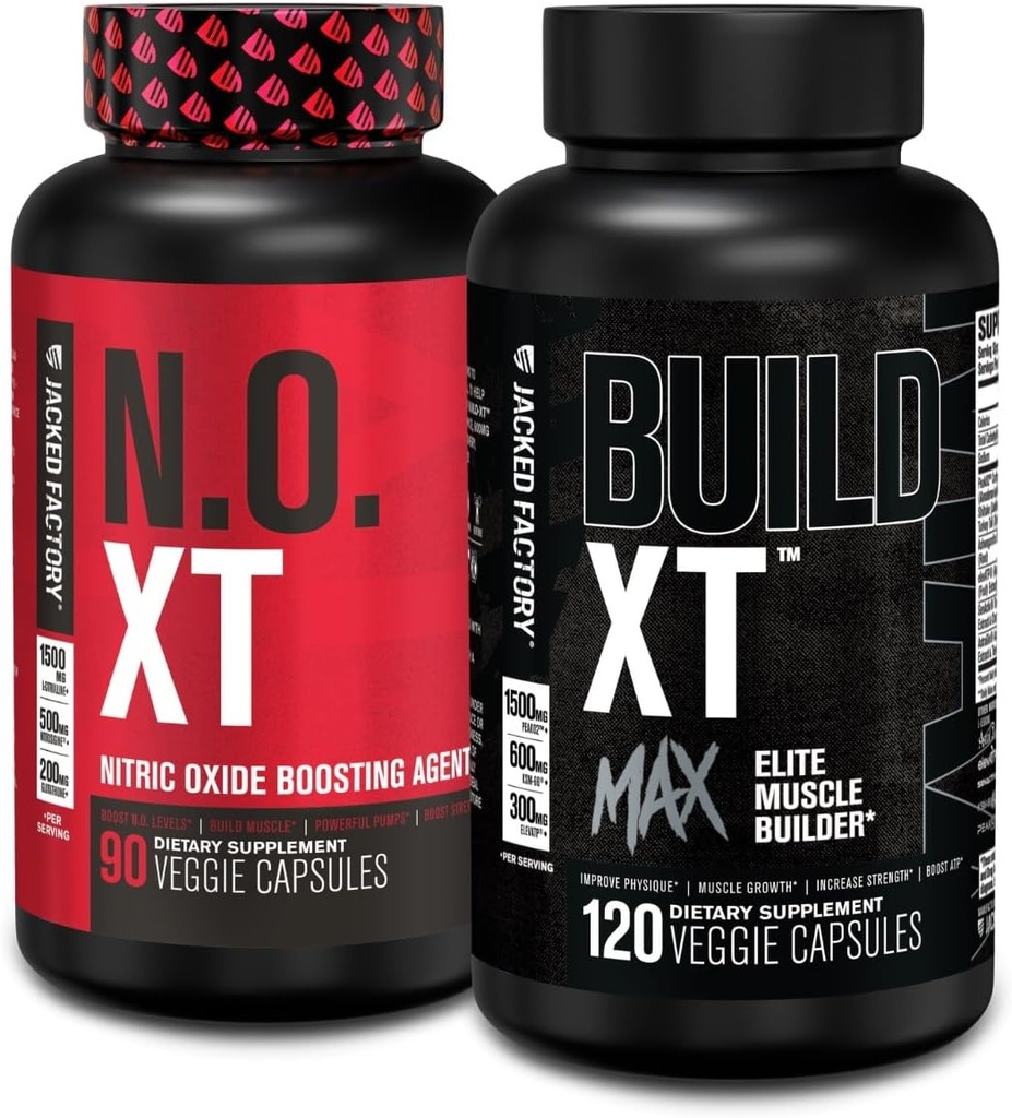 Jacked Factory N.O. XT Nitric Oxide Suplement (90 Count) & Build XT Max Elite Muscle Builder (120 Cacah)