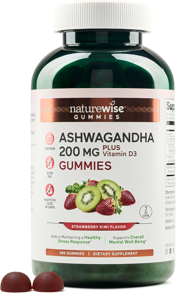 NatureWise Ashwagandha Gummies - Strawberry Kiwi - KSM-66 with Vitamin D3 - Calming Mood support - Vegetarian - Non-GMO, Gelatin dan Gluten Free - 180 Count [3- Bulan Suppply]