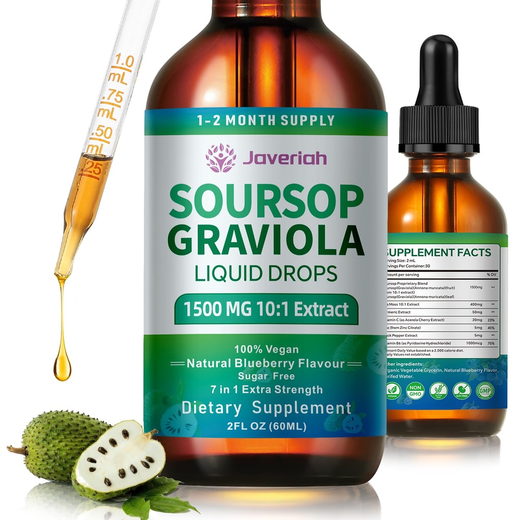 Soursop Graviola Liquid Drops Suplement with Sea Moss Extract, Soursop Bitters Liquid for Cell Support & Regeneration, Imunity, Antioksidant, Graviola Leaves Extract 2 Month Suply 60ML