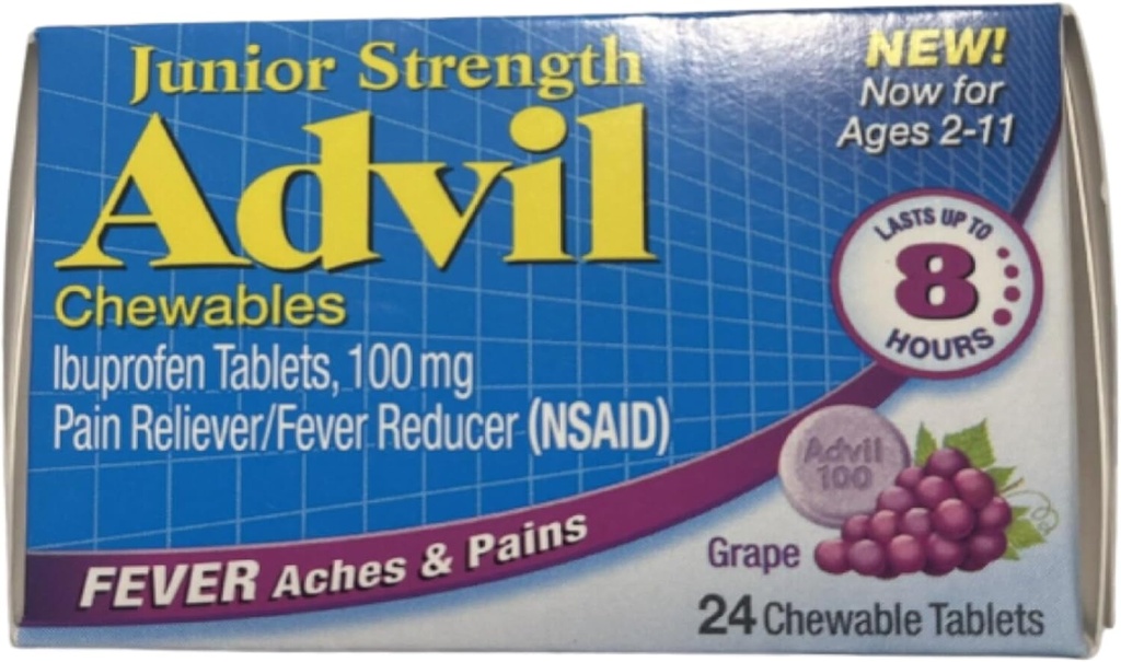 Advil Junior Chewable Ibuprofen Tablet, Grape 100mg, 24 Tablet Masing-masing (Paket 4)