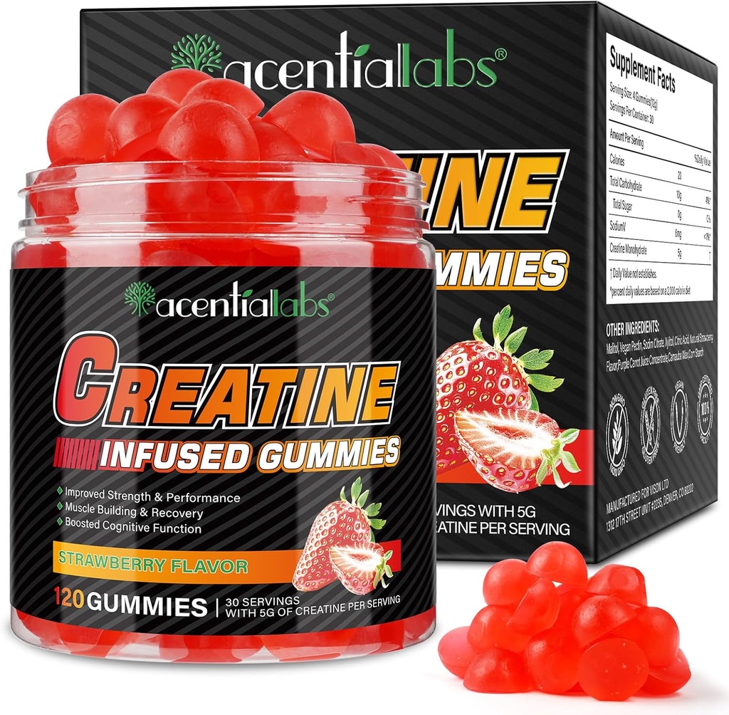 Cretine Monohydrate Gummies Creatine Monohidrat per Serving Creatine Chewable Creatine untuk Muscle Builder, Energy Boost, 120 Gummi