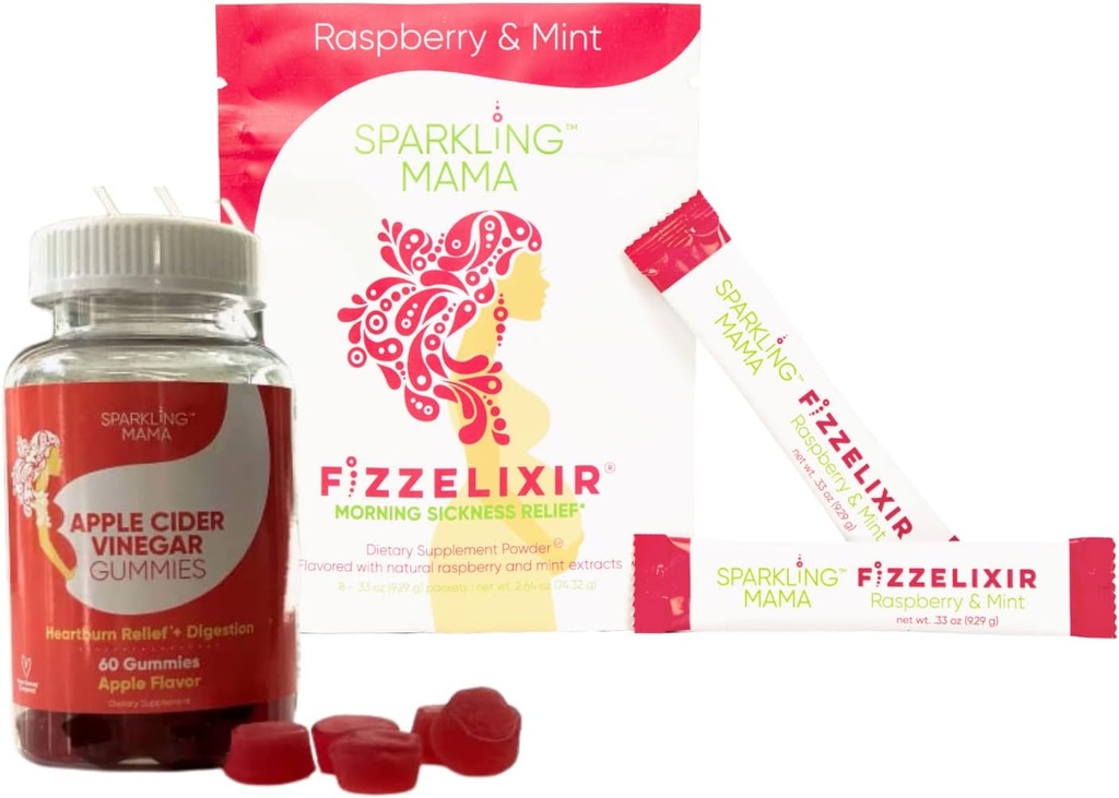 Sparkling Mama 's Morning Sickness Relief ~ Raspberry Mint, 8 Count and Apple Cider Vinegar Gummies; Delicious Apple Flavor, 60 Gummies